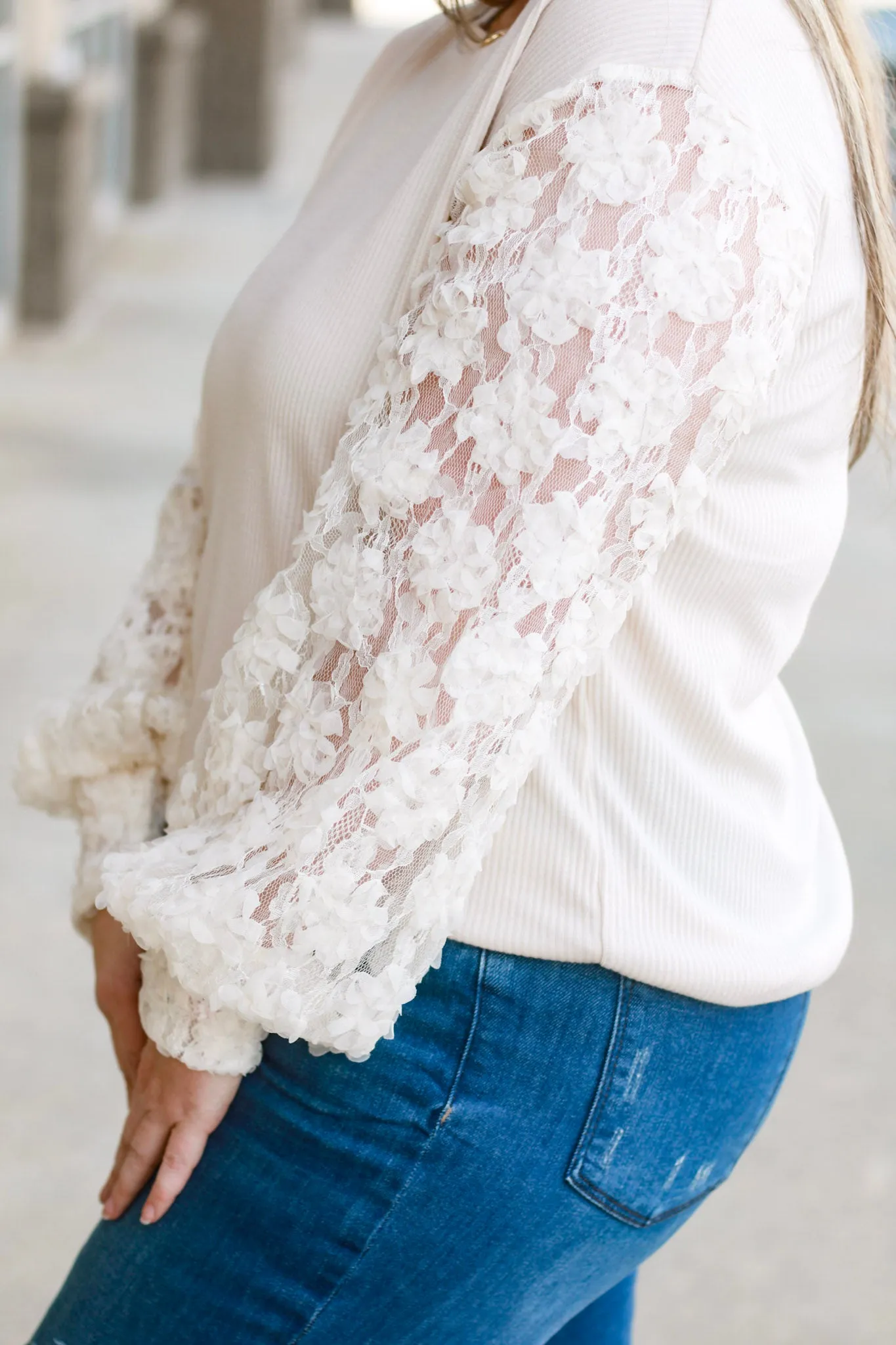 Miss Perfect Cream Floral Mesh Sleeve Top