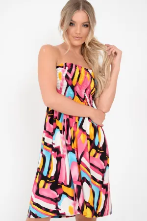 Multi Coloured Print Shirred Bandeau Dress  - Safreen