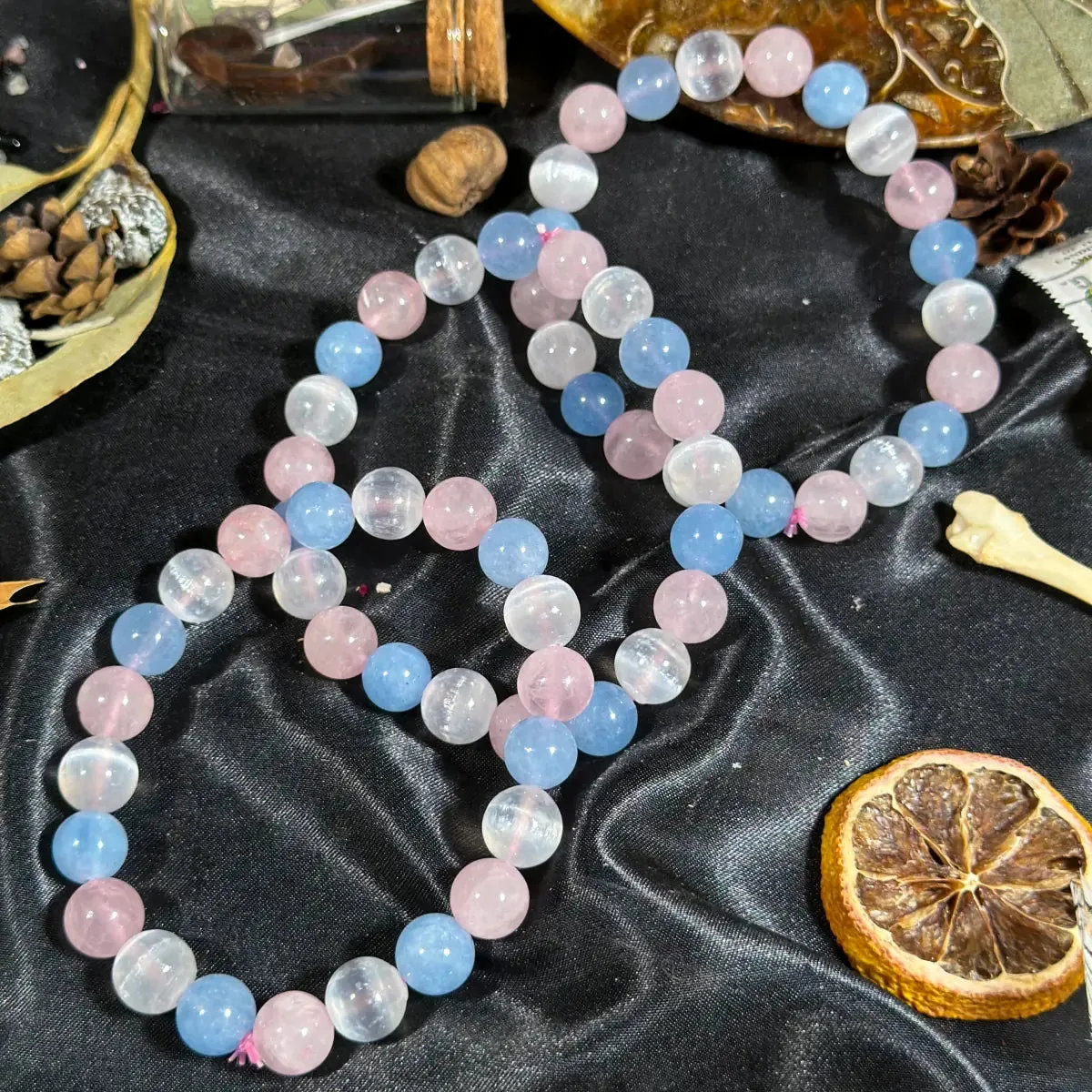 Pastel Mix Stretchy Bracelet (Aquamarine/Selenite/Rose Quartz)