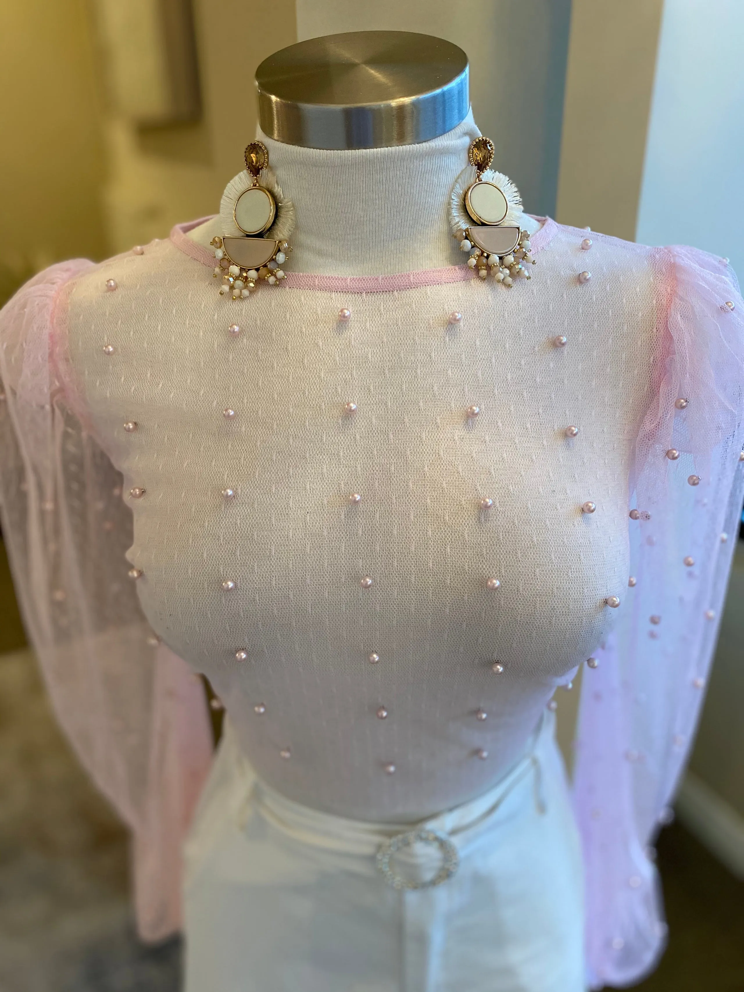 Pearl Sheer Pouf Arm Top