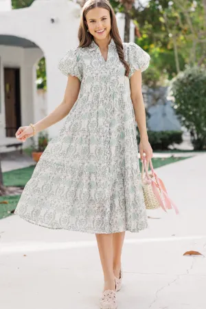 Perfect For You Sage Mixed Print Button Down Midi Dress