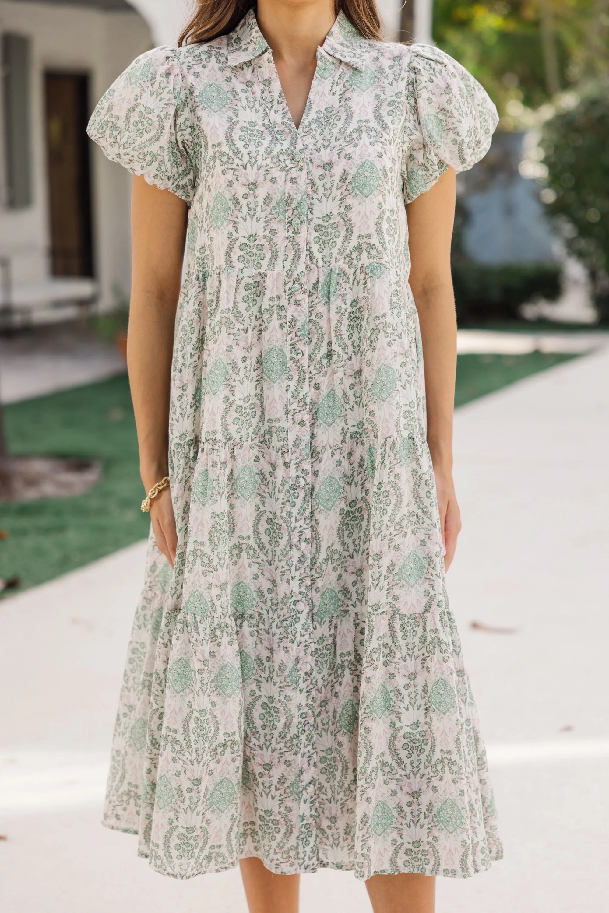 Perfect For You Sage Mixed Print Button Down Midi Dress