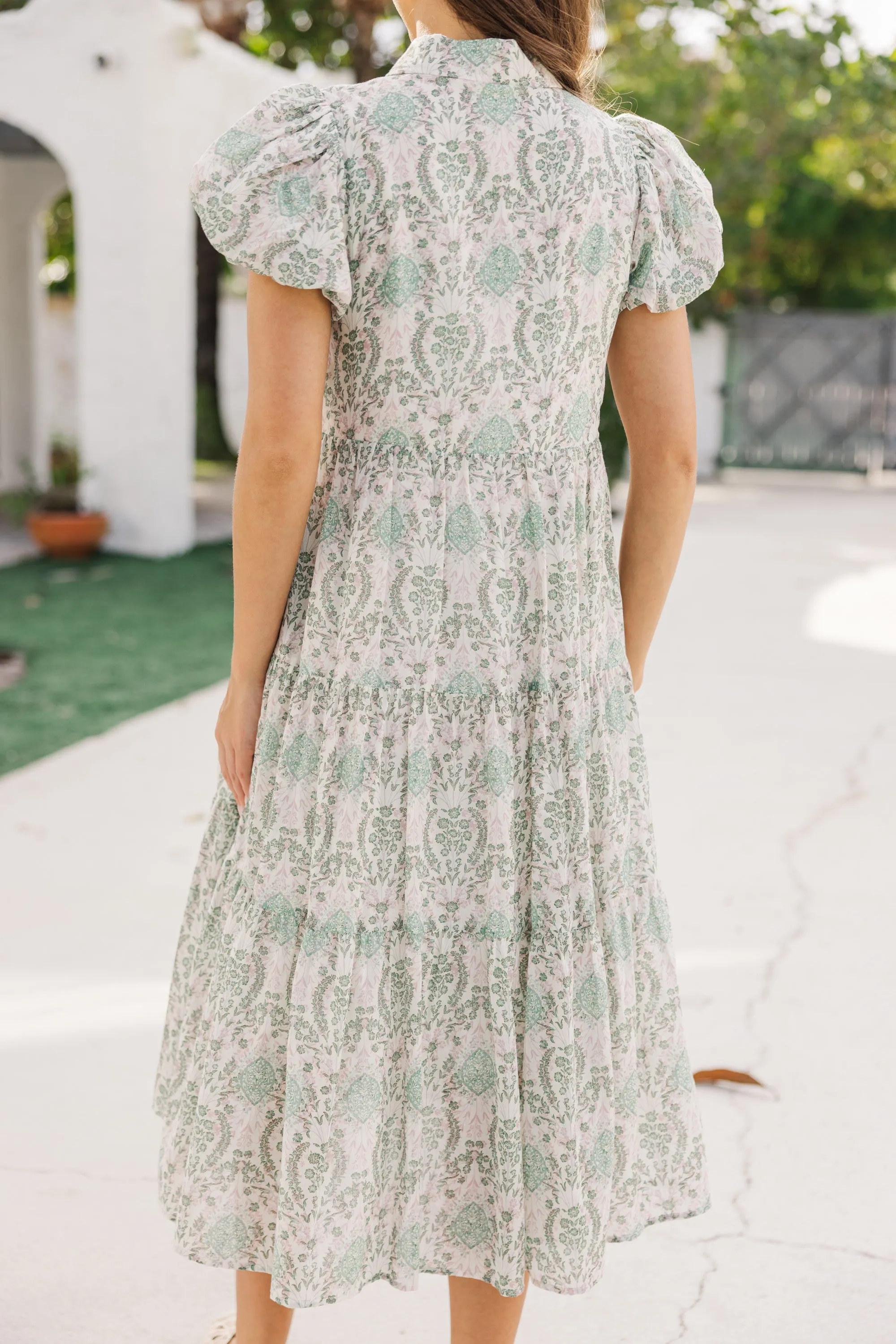 Perfect For You Sage Mixed Print Button Down Midi Dress