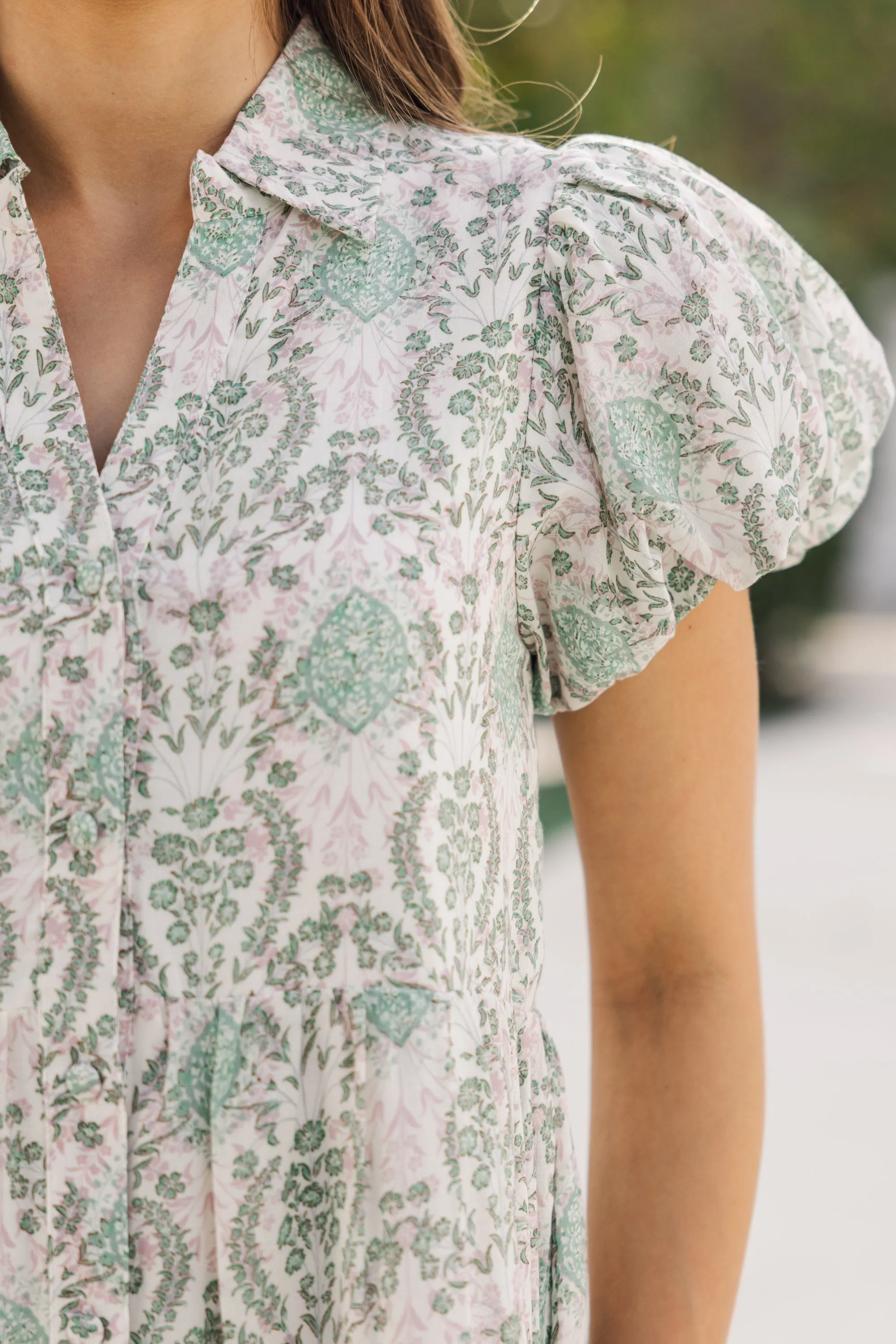 Perfect For You Sage Mixed Print Button Down Midi Dress