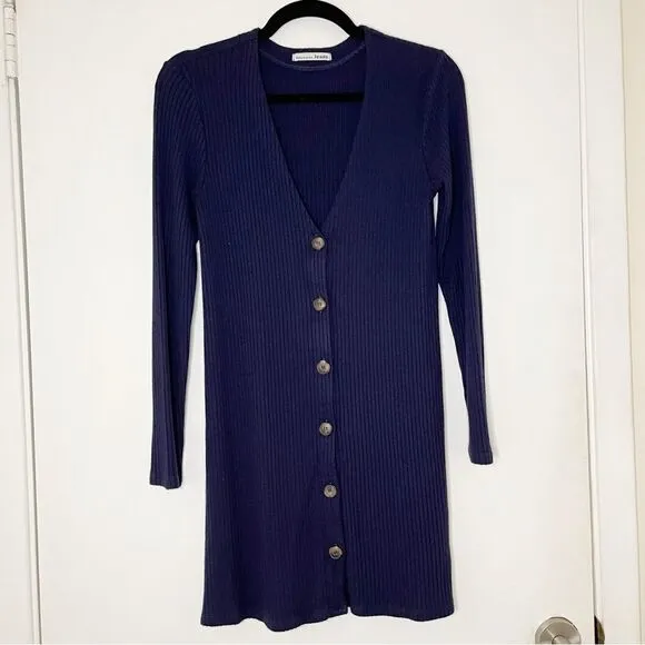 Reformation long sleeve ribbed vneck button front Agatha dress S Navy blue