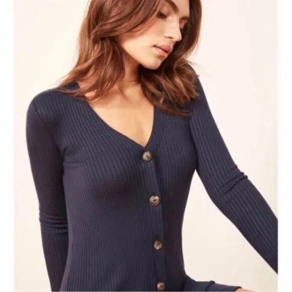 Reformation long sleeve ribbed vneck button front Agatha dress S Navy blue