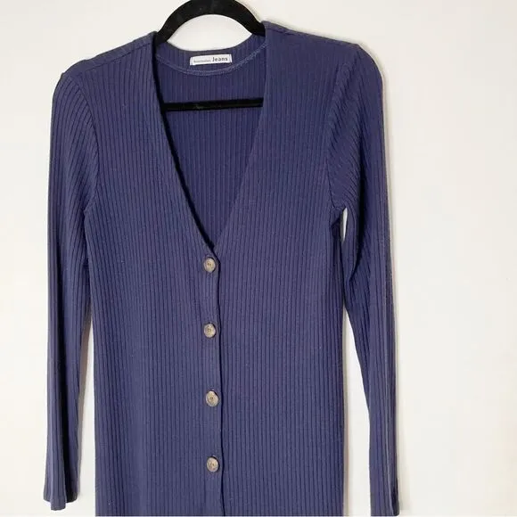 Reformation long sleeve ribbed vneck button front Agatha dress S Navy blue