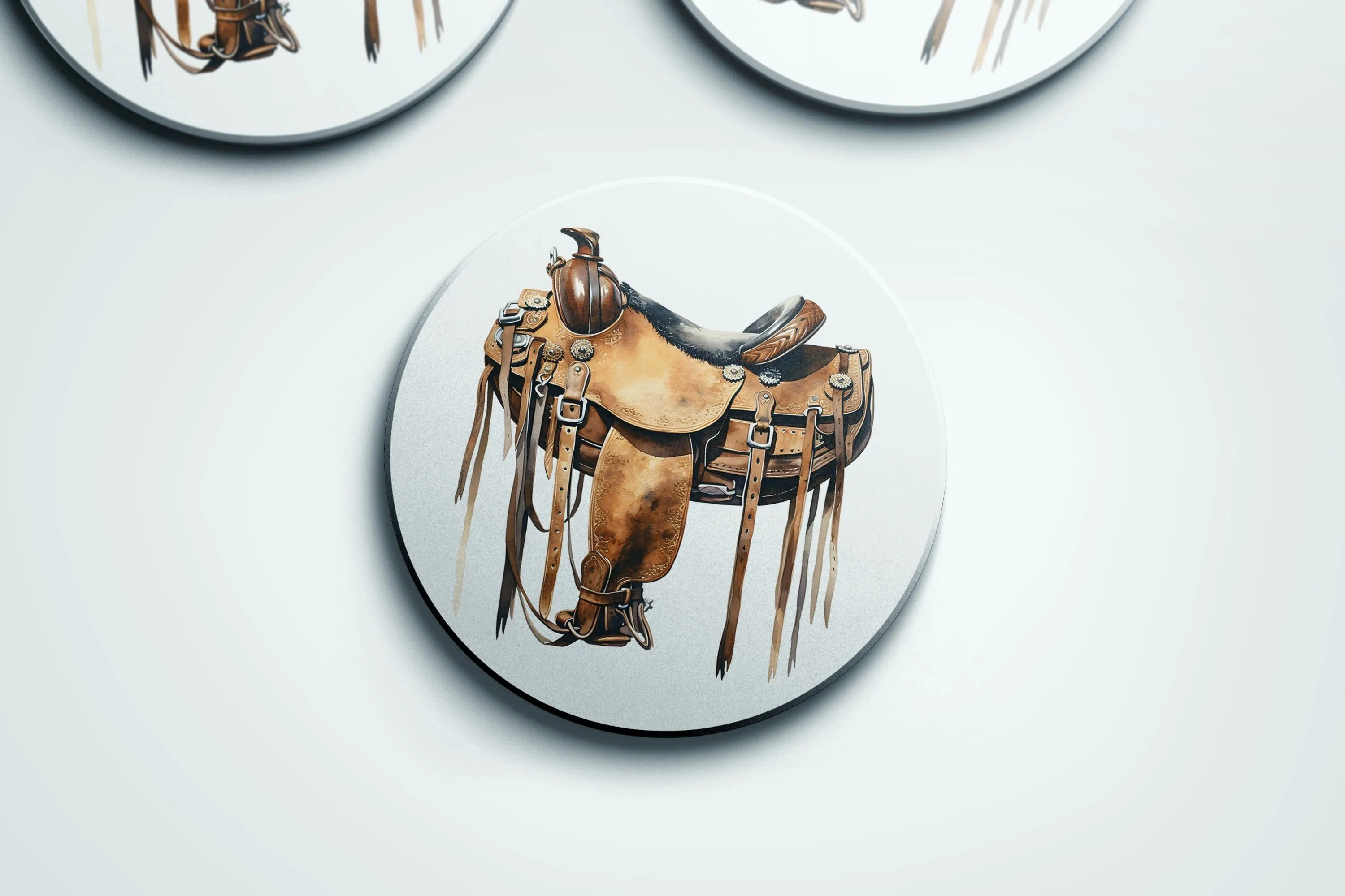 Rustic Western Coaster Set  Bold Buffalo  Saddle Designs on Sandstone  Made in USA with Full Cork Backing for Protection