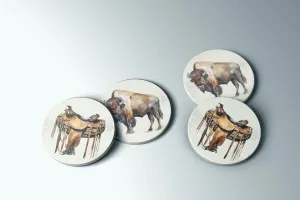 Rustic Western Coaster Set  Bold Buffalo  Saddle Designs on Sandstone  Made in USA with Full Cork Backing for Protection