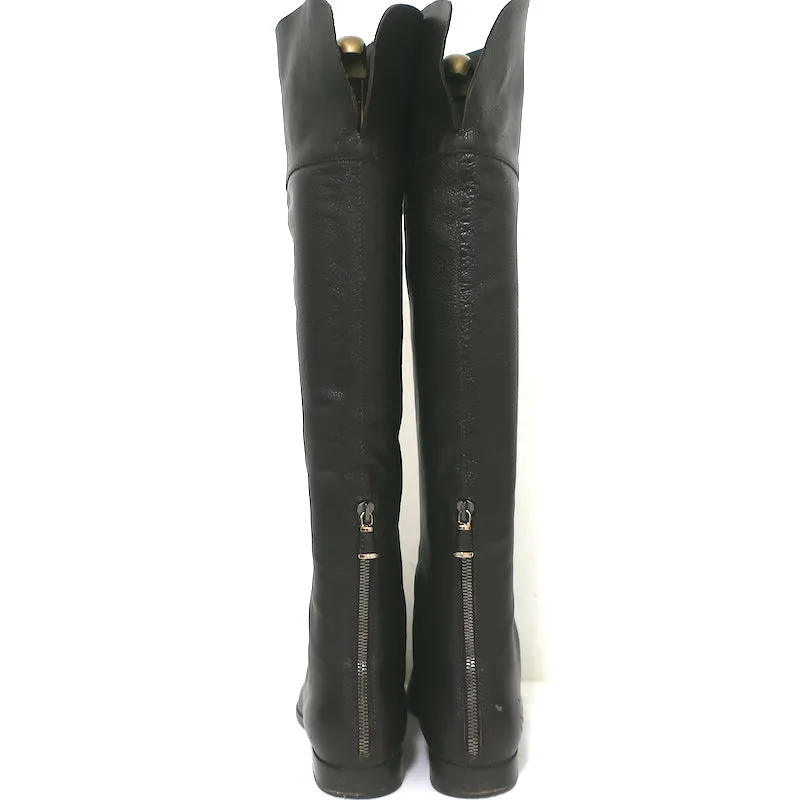 Sergio Rossi Over the Knee Flat Boots Dark Brown Grained Leather Size 37