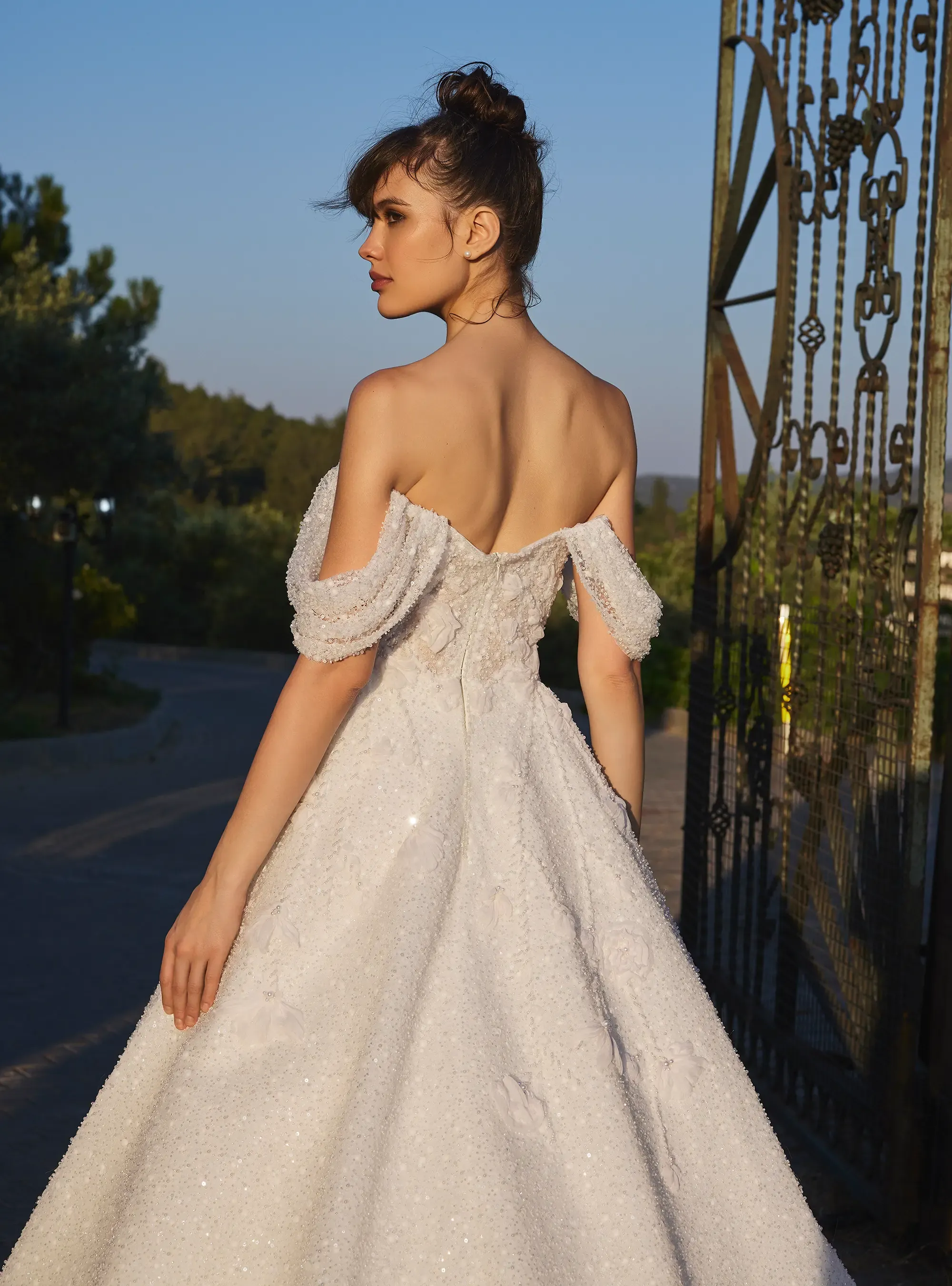 Shimmering Lace Bridal Gown with Florals Off Shoulder Neckline