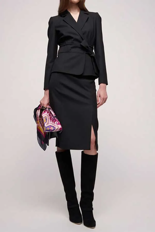 SLITTINO PLEATED CINCHED WAIST ELEGANT JACKET