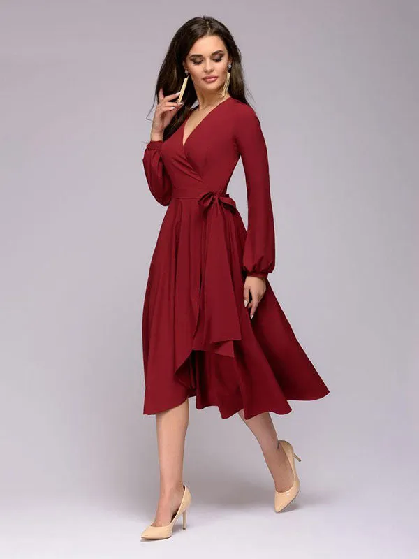 Spring and Autumn A-style Elegant Long Lantern Sleeves V-neck Sexy Casual Solid Color Women's Dress