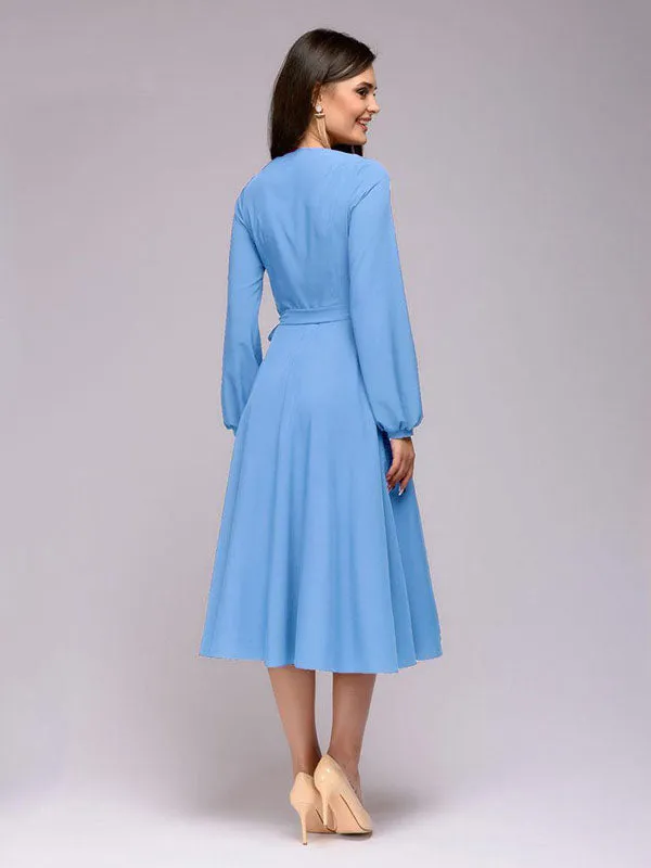 Spring and Autumn A-style Elegant Long Lantern Sleeves V-neck Sexy Casual Solid Color Women's Dress