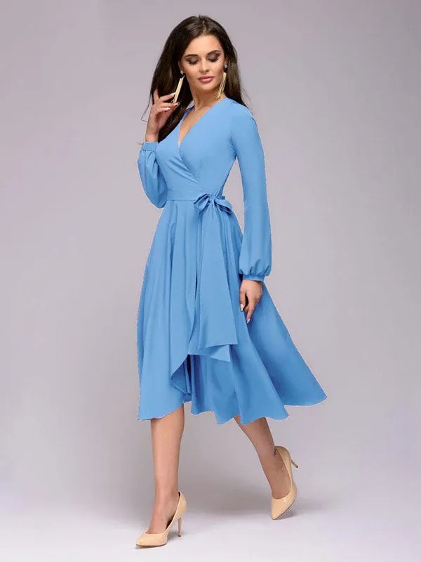 Spring and Autumn A-style Elegant Long Lantern Sleeves V-neck Sexy Casual Solid Color Women's Dress
