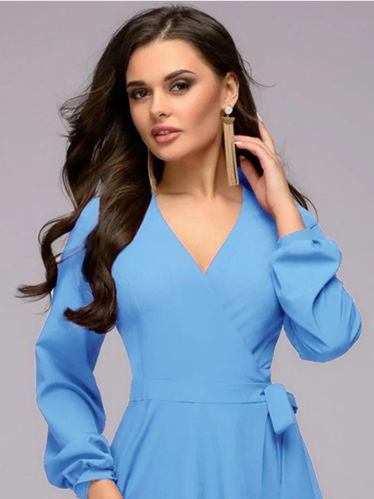 Spring and Autumn A-style Elegant Long Lantern Sleeves V-neck Sexy Casual Solid Color Women's Dress