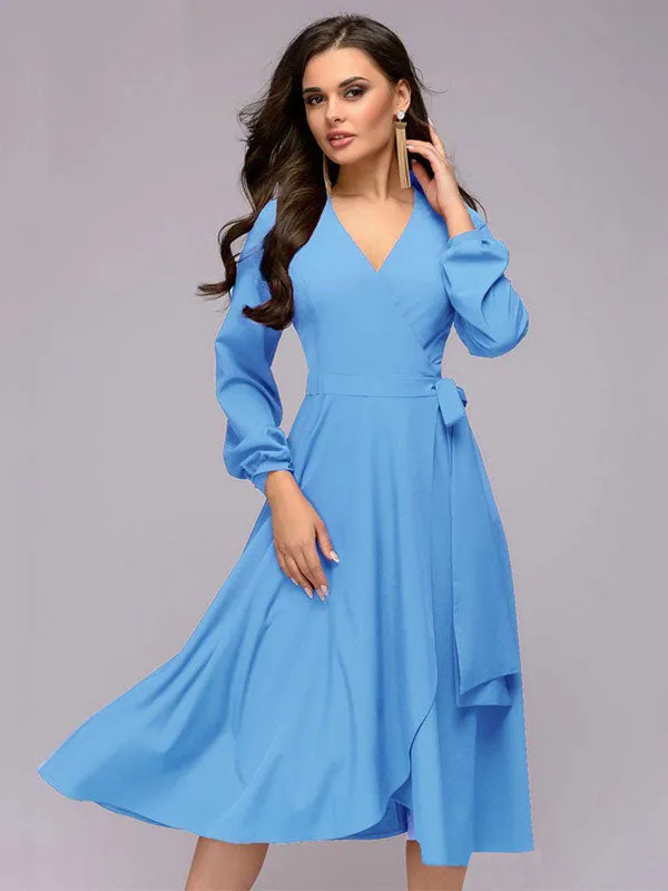Spring and Autumn A-style Elegant Long Lantern Sleeves V-neck Sexy Casual Solid Color Women's Dress