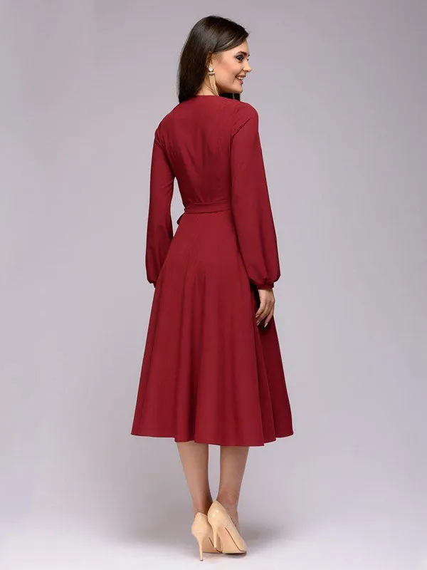 Spring and Autumn A-style Elegant Long Lantern Sleeves V-neck Sexy Casual Solid Color Women's Dress