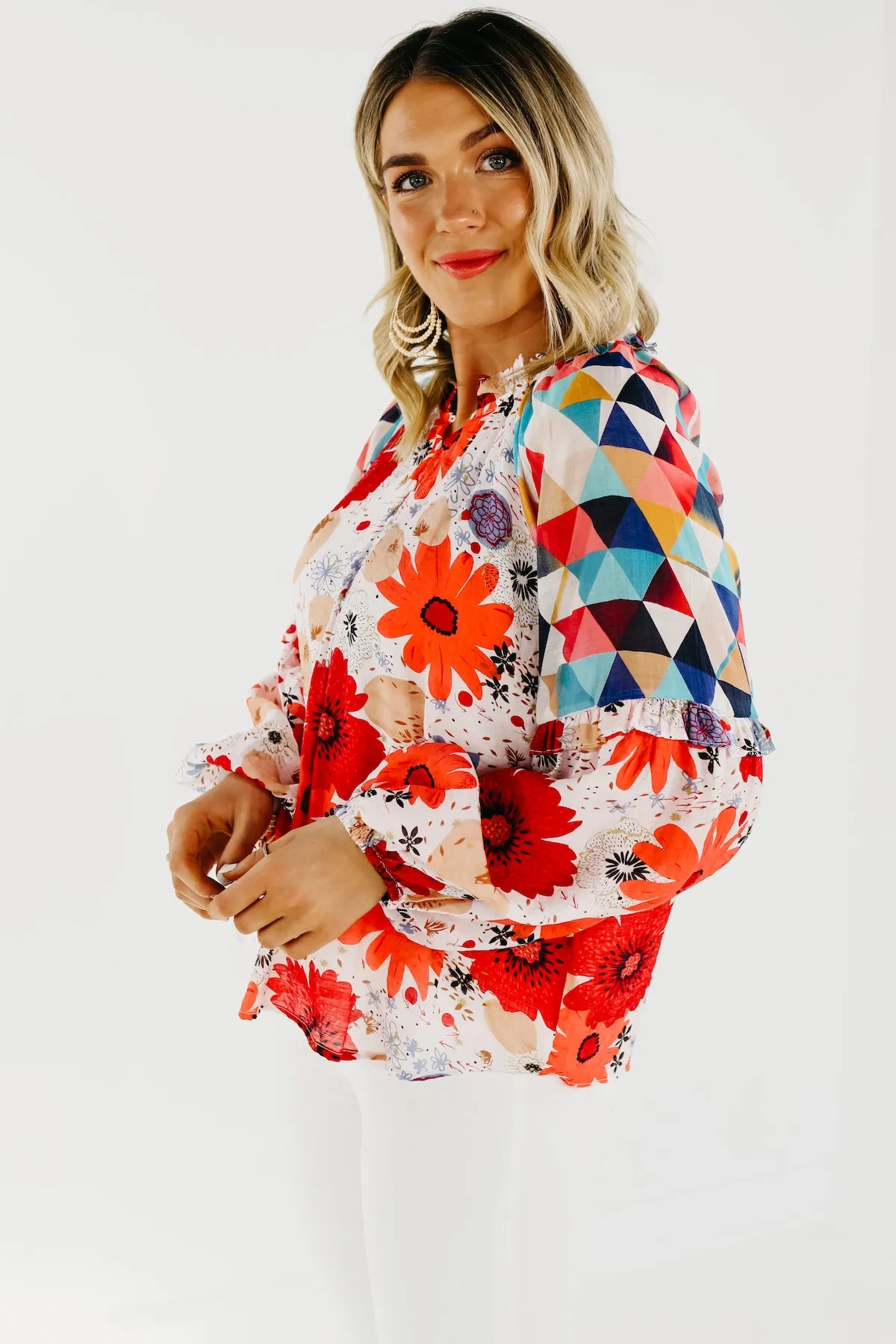 The Haven Mix Print Floral Henley Blouse - FINAL SALE