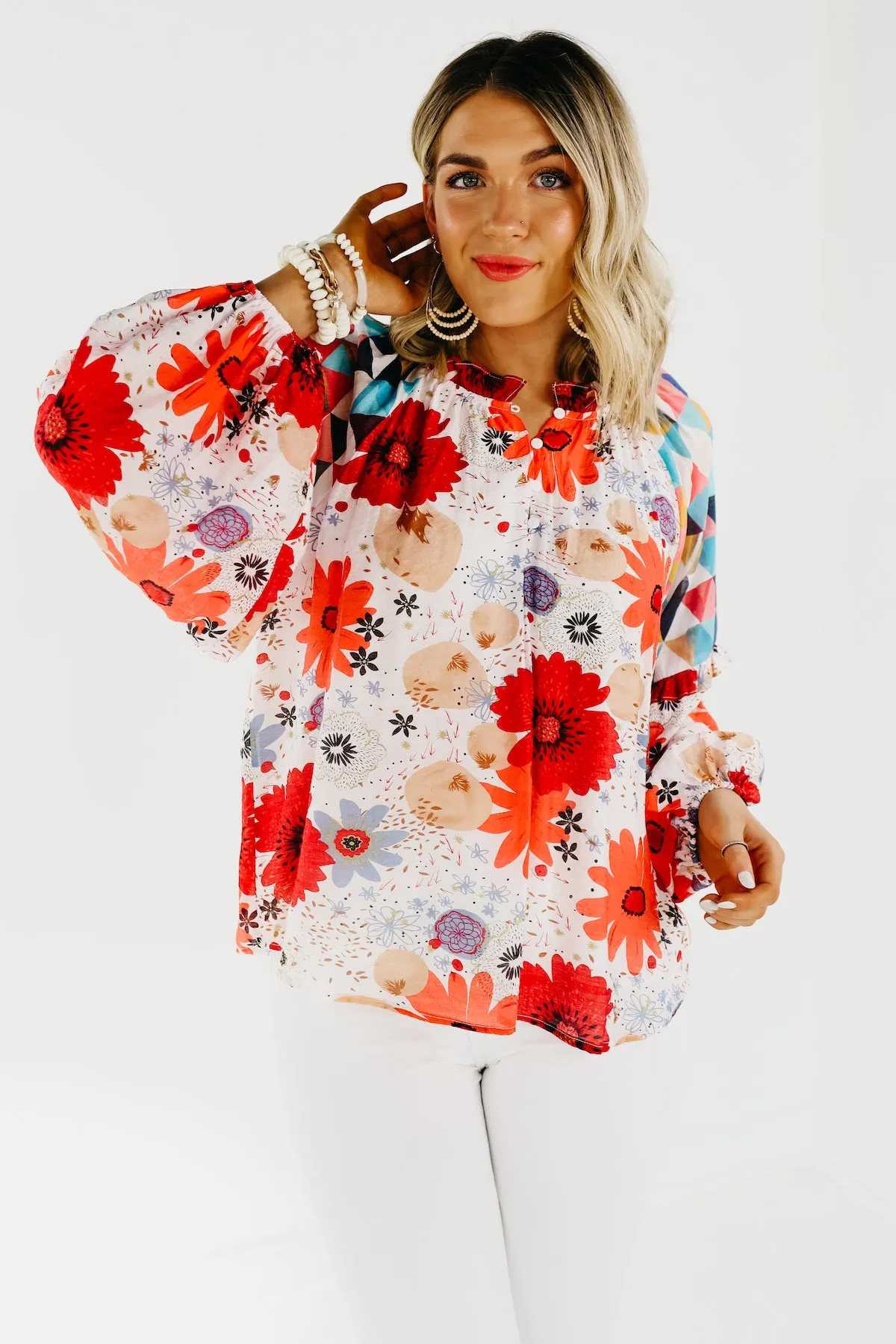 The Haven Mix Print Floral Henley Blouse - FINAL SALE
