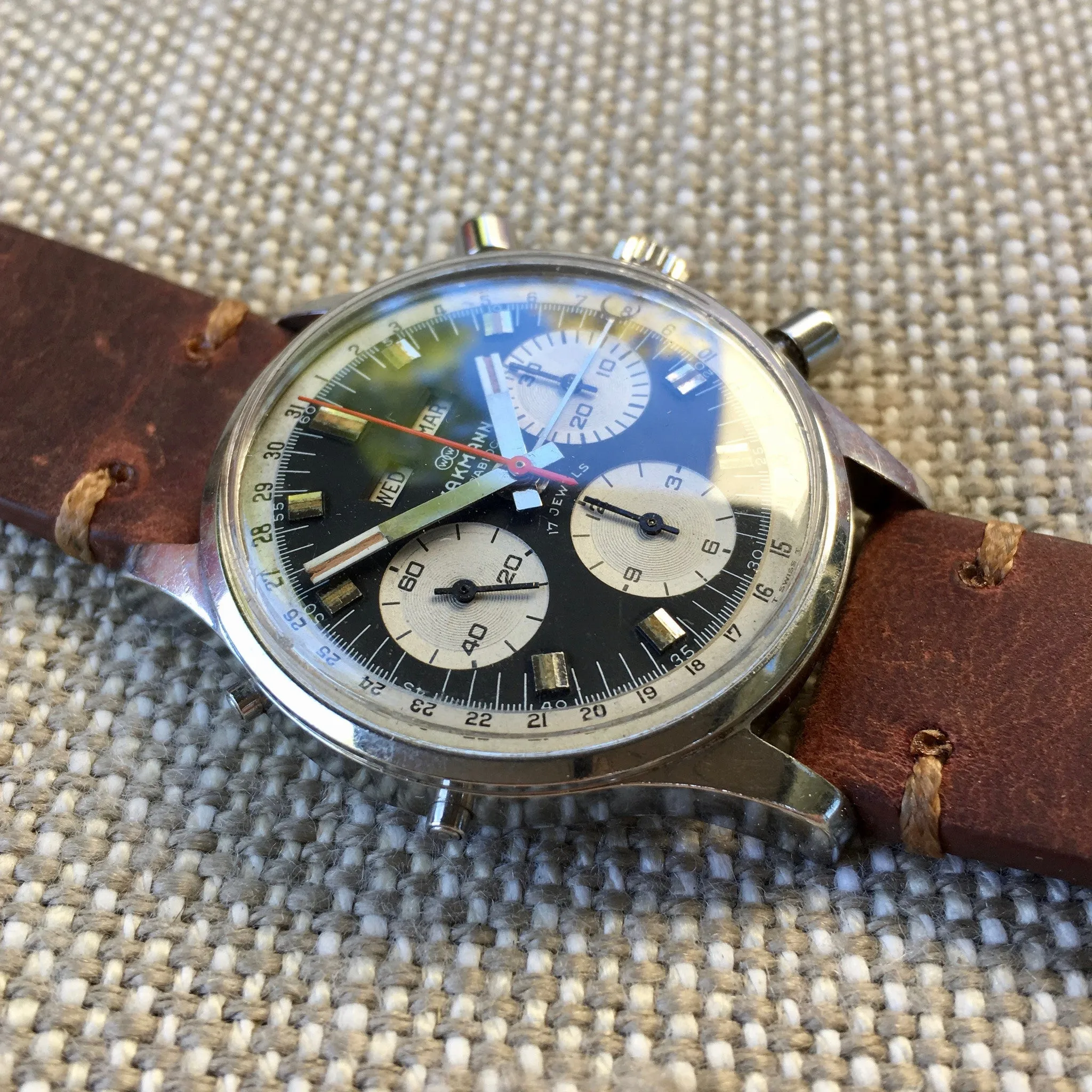 Vintage Wakmann Incabloc Steel Chronograph Triple Date 71.1309.70 Valjoux 730 Watch