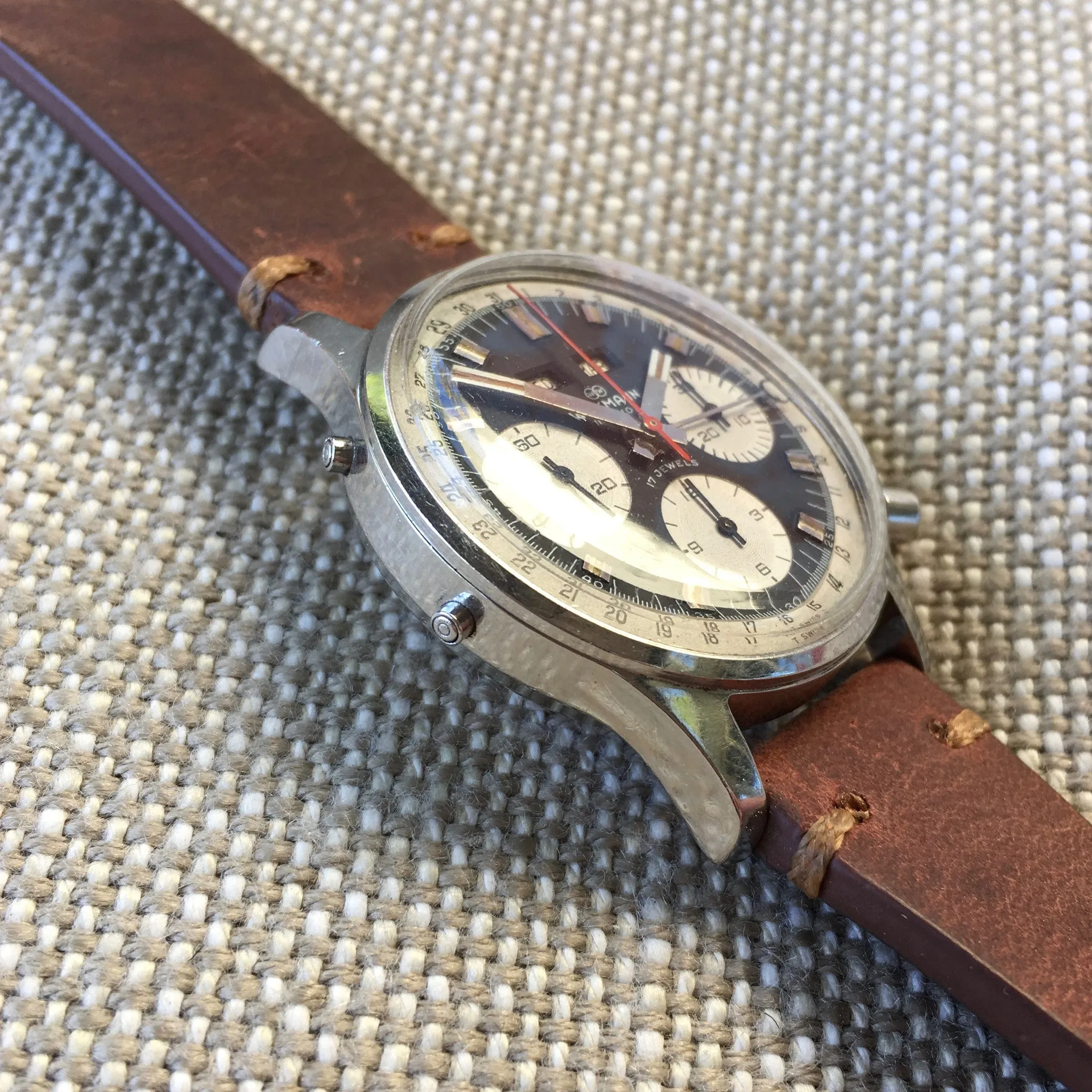 Vintage Wakmann Incabloc Steel Chronograph Triple Date 71.1309.70 Valjoux 730 Watch