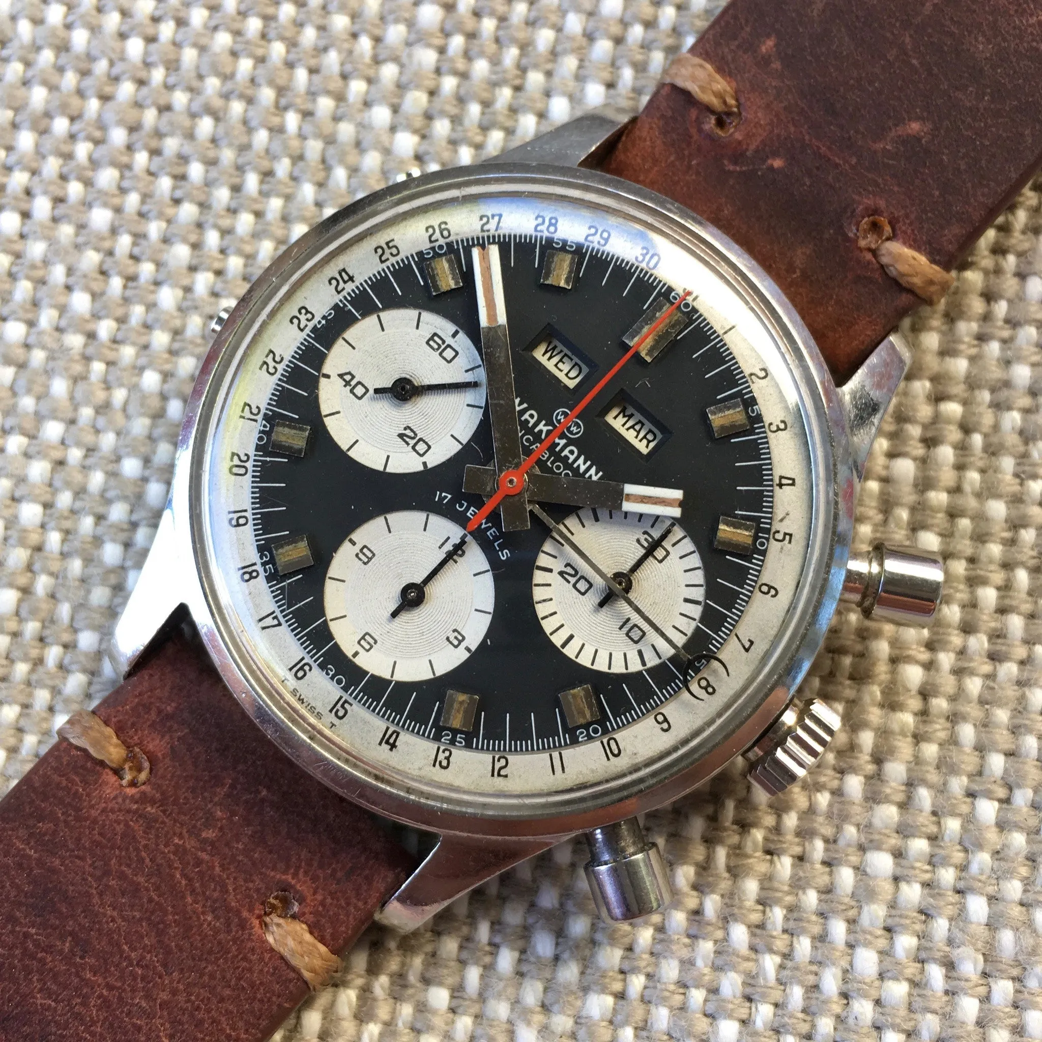 Vintage Wakmann Incabloc Steel Chronograph Triple Date 71.1309.70 Valjoux 730 Watch