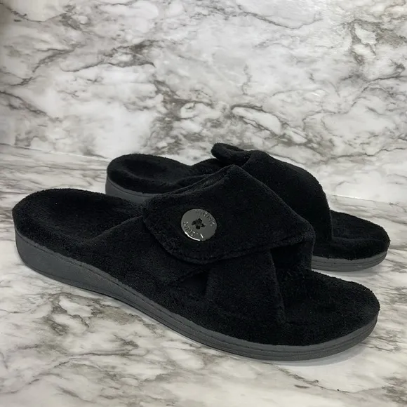 Vionic Indulge Pauline Black Open Toe Slide Slipper Relax Comfort Womens Size 8