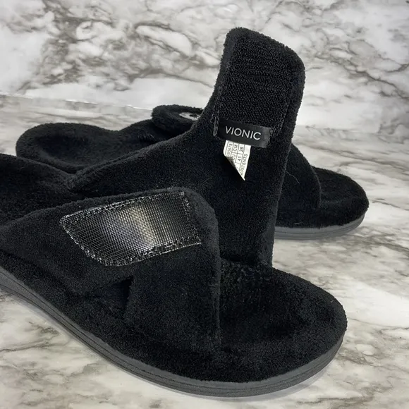 Vionic Indulge Pauline Black Open Toe Slide Slipper Relax Comfort Womens Size 8
