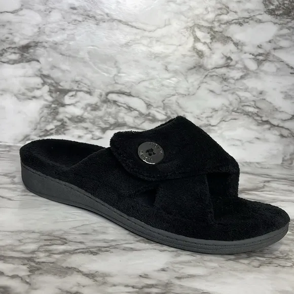 Vionic Indulge Pauline Black Open Toe Slide Slipper Relax Comfort Womens Size 8