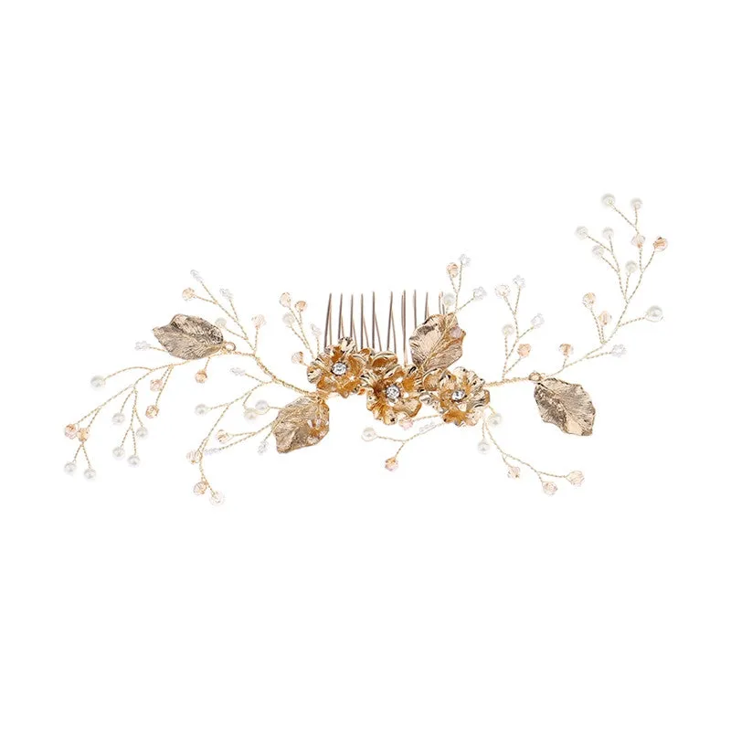 Wedding Hair Comb Bridal Floral Hair Comb Handmade Crystals Hair Pieces Wedding Headwear Comb (Golden)