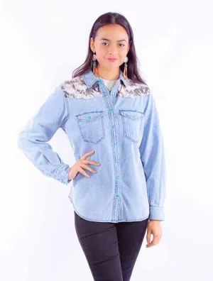 Women's Honey Creek Collection Blouse: Denim and Horses