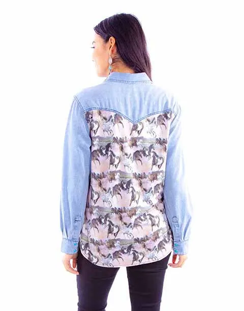 Women's Honey Creek Collection Blouse: Denim and Horses