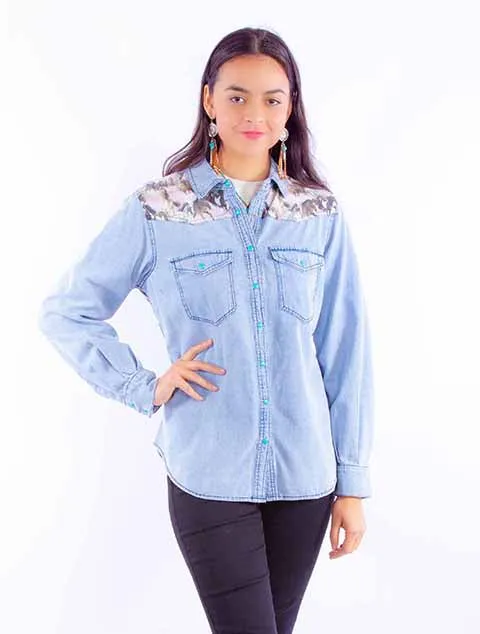 Women's Honey Creek Collection Blouse: Denim and Horses
