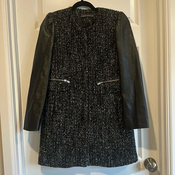 Zara tweed boucle‎ leather sleeve zip blazer jacket - EUC