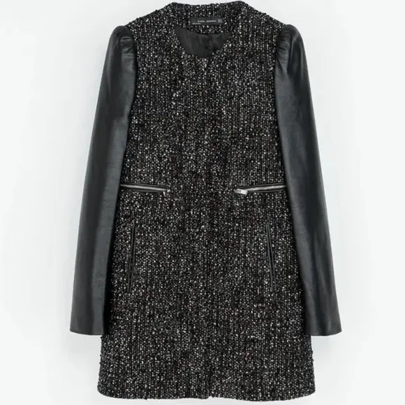Zara tweed boucle‎ leather sleeve zip blazer jacket - EUC