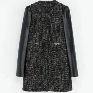 Zara tweed boucle‎ leather sleeve zip blazer jacket - EUC